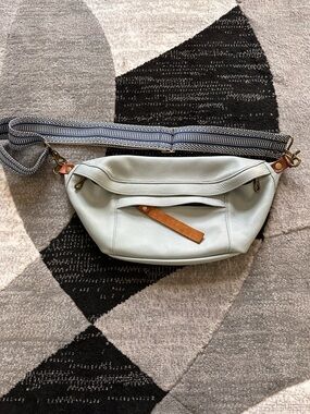 Textured Light Blue Gray Leather Crossbody Bag with Patterned Strap